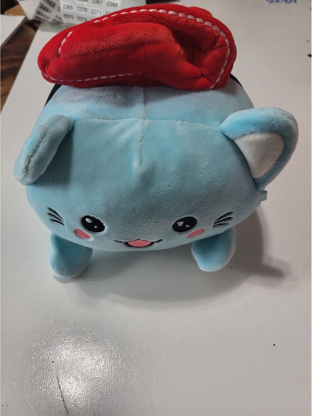 Kawaii Blue Mochi Cat Plush w/ Red Backpack – Soft Squishy Cute Toy